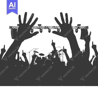 Premium design asset: Silhouette of a Crowd Cheering at a Concert with a Drum Set in the Bac