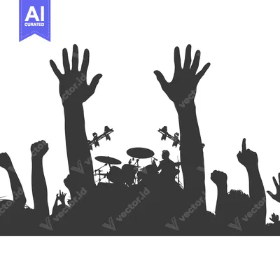 Aset premium populer: Silhouettes of an audience cheering at a concert with a drummer in the