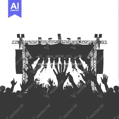 Aset desain premium: Silhouette of a Crowd Cheering at a Concert Stage