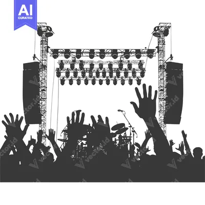 Aset desain premium: Silhouette of a Concert Stage with a Crowd of People