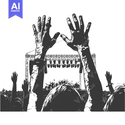 Aset desain premium: Crowd of people at a concert with hands raised in the air