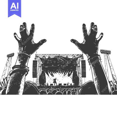 Aset premium populer: Two raised hands of concertgoers in front of stage and crowd
