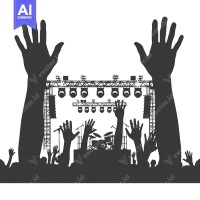 Aset desain premium: Silhouette of a Crowd at a Concert with Raised Hands