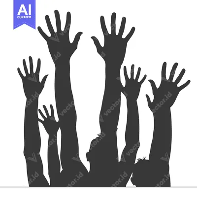 Aset desain premium: Silhouette of Four People with Hands Raised in the Air