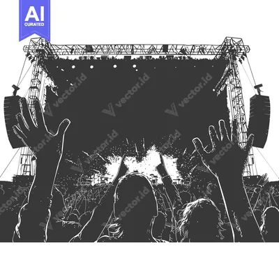 Aset desain premium: Concert Crowd Silhouettes with Raised Hands