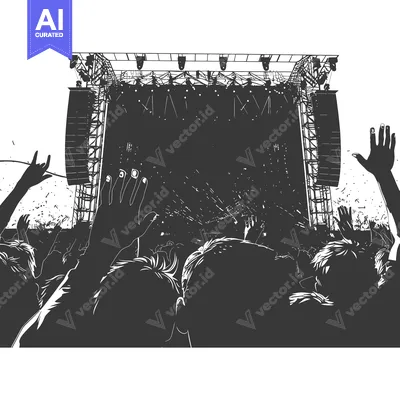 Aset desain premium: Crowd Silhouettes in Front of a Concert Stage