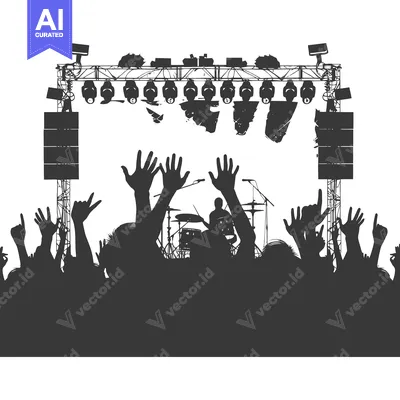 Aset desain premium: Silhouette of a Concert Crowd with Stage Lights and a Drummer