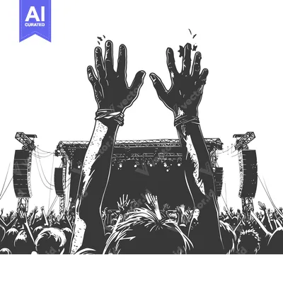 Two Silhouettes of Raised Hands in Front of a Crowd at a Concert