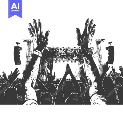Aset premium populer: Black and White Silhouettes of a Crowd at a Concert With Hands Raised