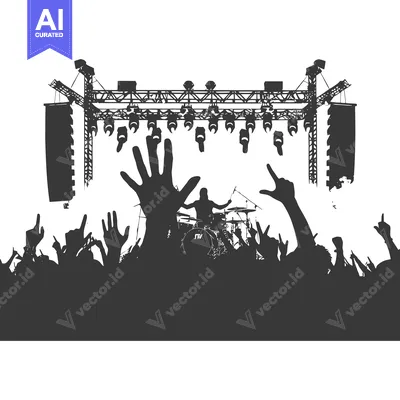 Aset desain premium: Silhouetted Crowd at a Concert with Stage Lights and a Drummer