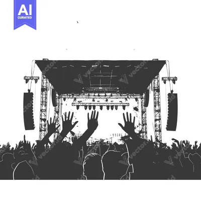Premium design asset: Silhouette of Concert Crowd with Raised Hands in Front of Stage