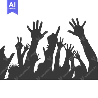 Aset desain premium: Silhouettes of people with raised hands, expressing joy and excitement