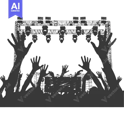 Aset premium populer: Silhouetted crowd at a concert with their hands raised in the air