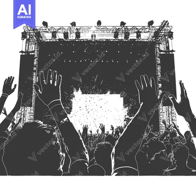 Aset desain premium: Crowd of People at a Concert with Raised Hands in Front of a Stage