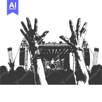 Aset desain premium: Two Hands Raised in the Air at a Concert with a Drummer in the Backgro