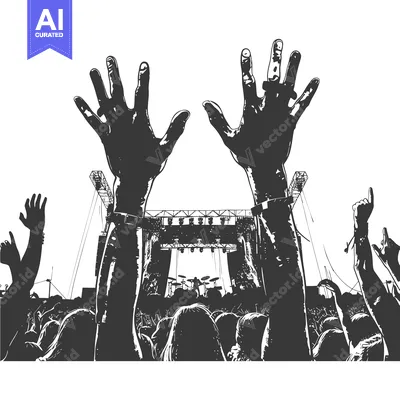 Aset premium populer: Silhouettes of a crowd at a concert with raised hands