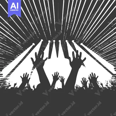 Aset desain premium: Silhouettes of people with raised hands and spotlights in a dark backg