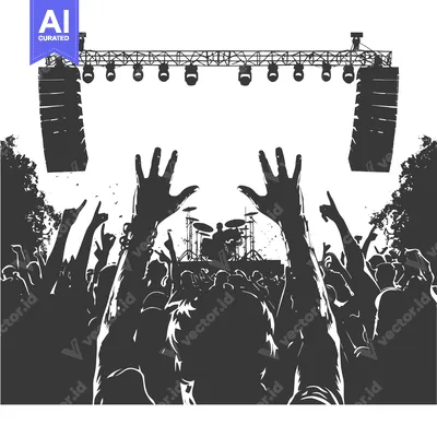 Aset desain premium: Silhouettes of Crowd at a Concert with Stage Lights and Drum Set