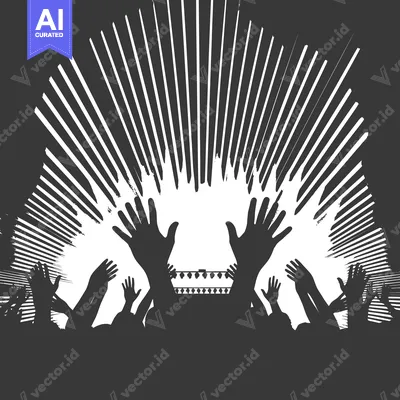 Aset premium populer: Silhouette of a crowd with hands raised in the air in front of a stage