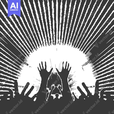 Aset desain premium: Silhouette of People with Arms Raised Against a Grunge Sunburst Backgr