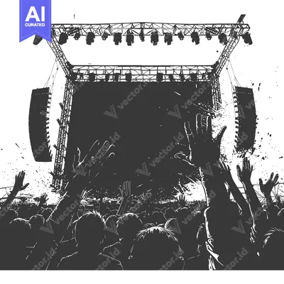 Aset desain premium: Crowd of Silhouettes Facing a Stage with Lights and Speakers