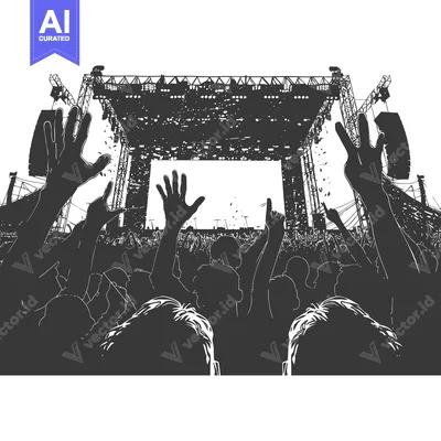 Aset premium populer: Silhouettes of a crowd at a concert with raised arms