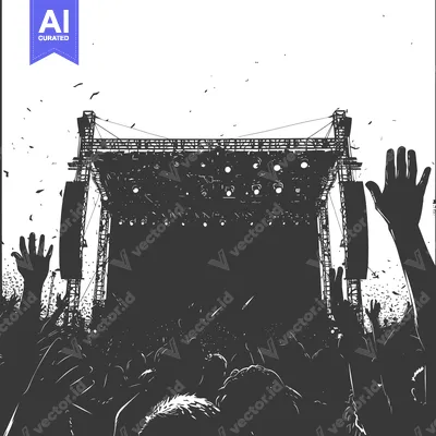 Aset desain premium: Silhouettes of a Crowd at a Concert with Stage Lights and a Blank Stag
