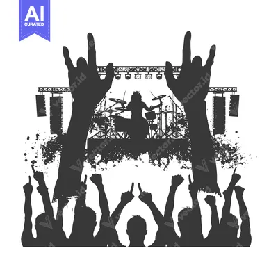 Premium design asset: Silhouettes of a Crowd Cheering at a Rock Concert with a Drummer on St