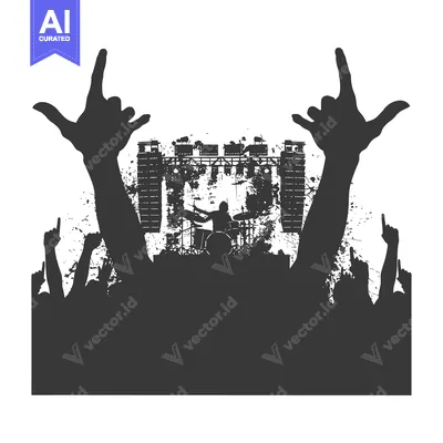 Aset desain premium: Silhouette of a crowd at a rock concert, hands in the air
