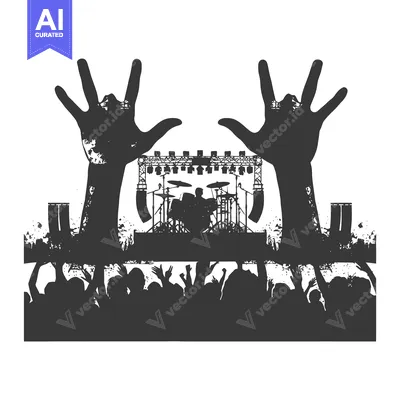 Premium design asset: Silhouettes of Raised Hands at a Concert with a Stage and Drum Set