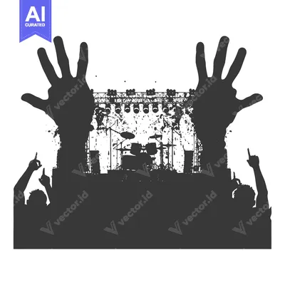 Premium design asset: Silhouettes of concertgoers with hands raised in front of a stage with