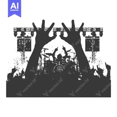 Aset desain premium: Silhouette of a drummer playing on stage with a cheering audience