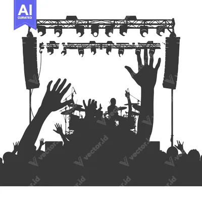 Aset premium populer: Silhouette of a drummer performing at a concert with a crowd cheering