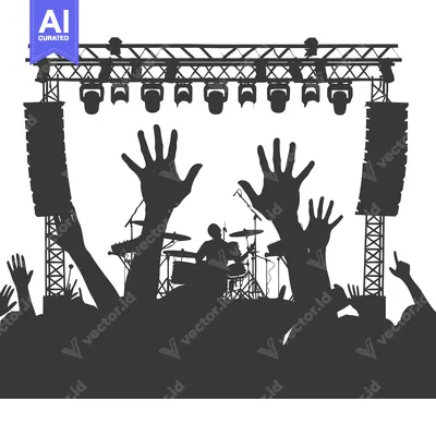 Premium design asset: Silhouette of Concertgoers at a Music Festival with Stage and a Drumme