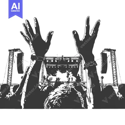 Aset desain premium: Silhouetted Audience Member with Raised Hands at a Concert