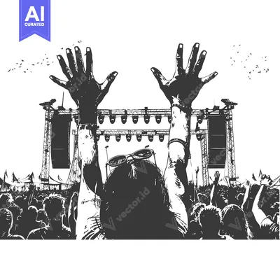 Aset premium populer: Person at a Music Festival with Raised Arms and Silhouetted Crowd