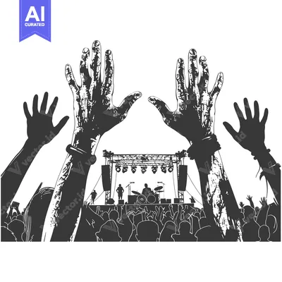 Aset desain premium: Crowd at a concert with outstretched hands and a stage in the backgrou