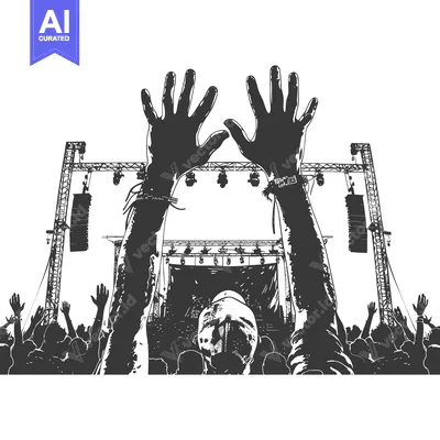 Aset desain premium: Silhouette of a concertgoer with raised hands, stage lights, and a cro