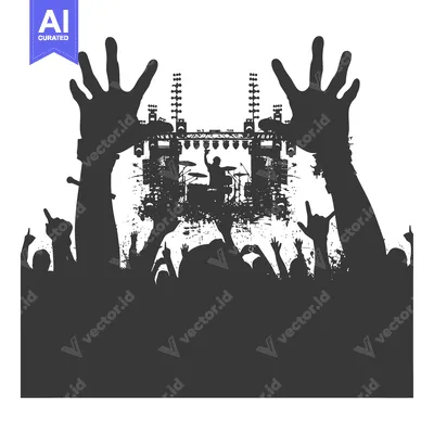 Aset desain premium: Silhouettes of a Crowd at a Rock Concert with a Drummer on Stage