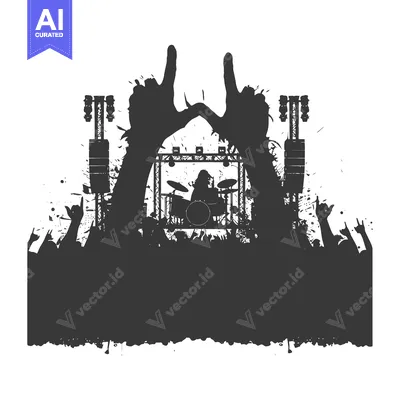 Silhouetted Crowd at a Rock Concert with a Drummer on Stage