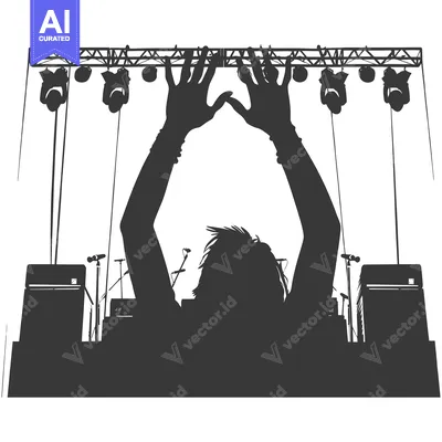 Aset desain premium: Silhouette of a Person with Raised Arms in Front of a Stage with Light