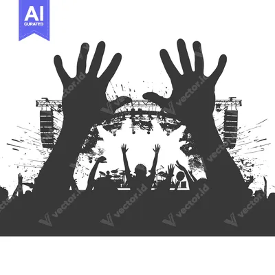 Aset premium populer: Silhouetted Crowd at a Concert with Hands Raised in the Air