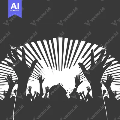 Aset premium populer: Silhouettes of a crowd with raised hands against a striped background