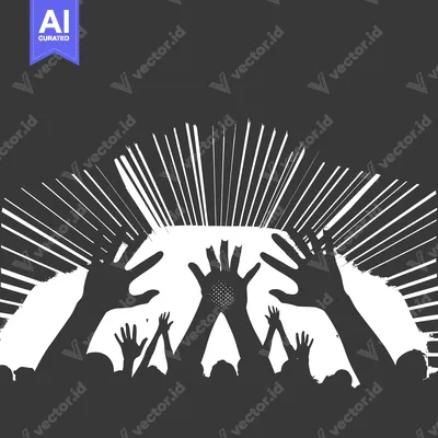 Aset desain premium: Silhouetted Crowd with Raised Hands Against a White Striped Background