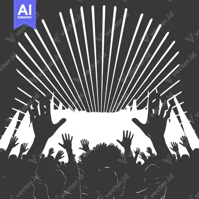 Aset desain premium: Silhouette of a Crowd with Raised Hands Under a Starburst