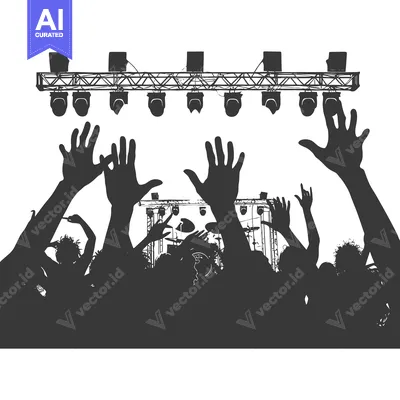 Silhouetted Audience Reaching Up Towards Stage Lights at a Concert