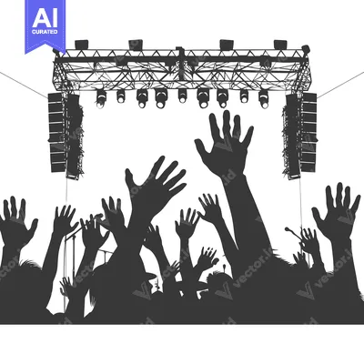 Aset premium populer: Silhouettes of raised hands at a concert under a stage lighting rig