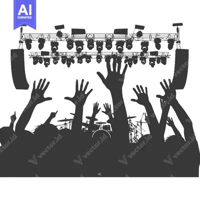 Aset premium populer: Silhouettes of a Crowd at a Concert with Stage Lights and a Drummer