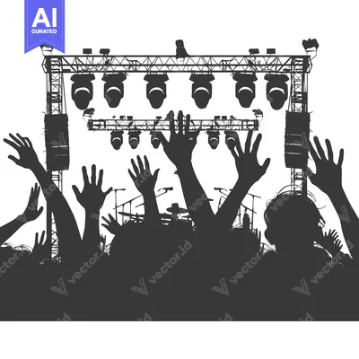 Aset premium populer: Silhouettes of concertgoers with raised hands in front of a stage