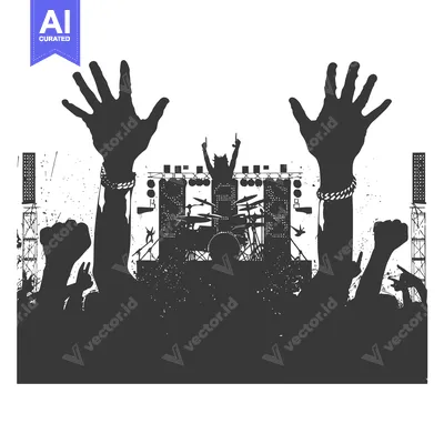 Aset desain premium: Silhouettes of a Crowd at a Rock Concert with a Drummer on Stage